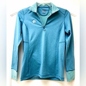 102:  Orvis Teal Quater-Zip Pullover with Striped Trim Collar & Cuffs - XS